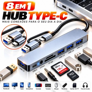 Hub USB-C Type-C 8 em 1 USB 3.0 Leitor SD TF Áudio 3.5mm Adaptador para MacBook Notebook PC Laptop Mouse Teclado