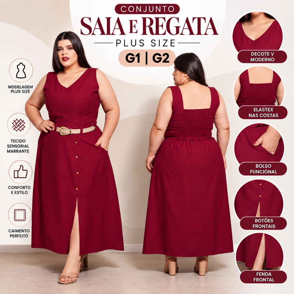 Conjunto Plus Size Saia Midi + Regata em Tecido Sensorial Marrante com Bolso e Botões G1 e G2 Moda Evangelica