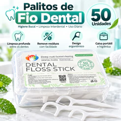 Fio Dental com Haste 50 Unidades Palito Dental 2 em 1 Higiene Bucal Limpeza Interdental