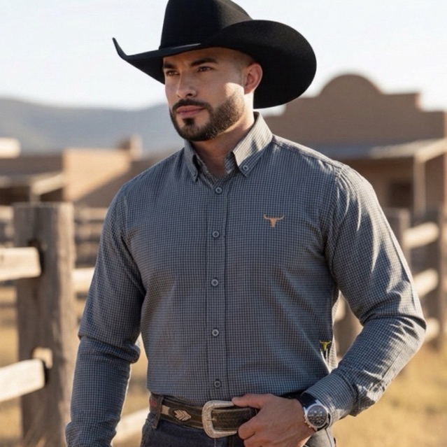 Camisa Slim Fit Manga Longa Country Bordada Micro Xadrez Lisa Envio Imediato