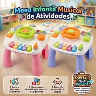 Mesa musical didática educativa sensorial infantil painel luz e volante mesinha interativa e diversão para seu bebê