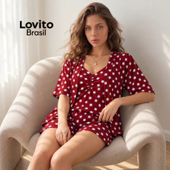 Lovito 3 Peças Conjunto Feminino de Pijama de Poá Moda PJB1085BRL1115