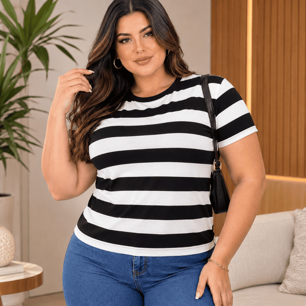 Camiseta Feminina Plus Size em Malha Viscolycra com Gola Redonda e Manga Curta veste 44-48
