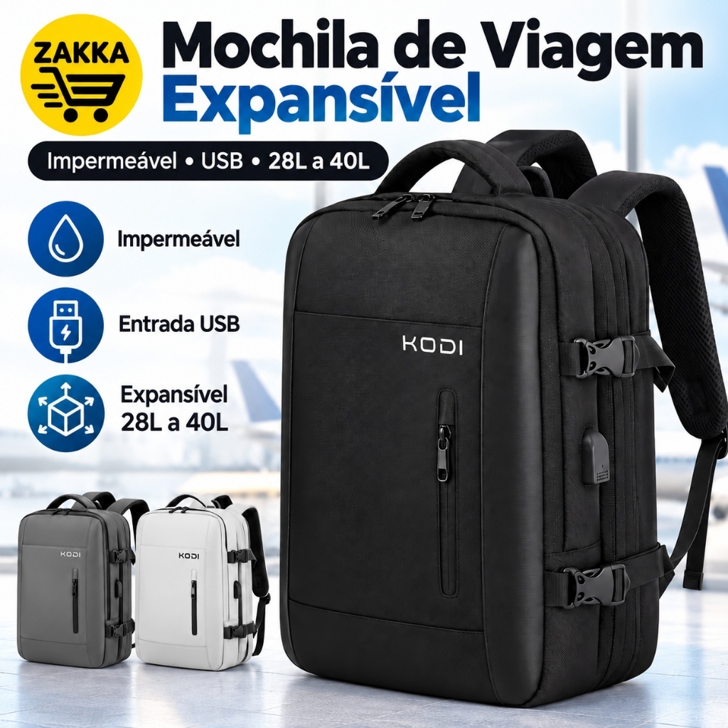 Mochila de Viagem Impermeável - Espaço Expansível, Compartimentos Separados, USB Integrado e Divisórias para Notebook Q7