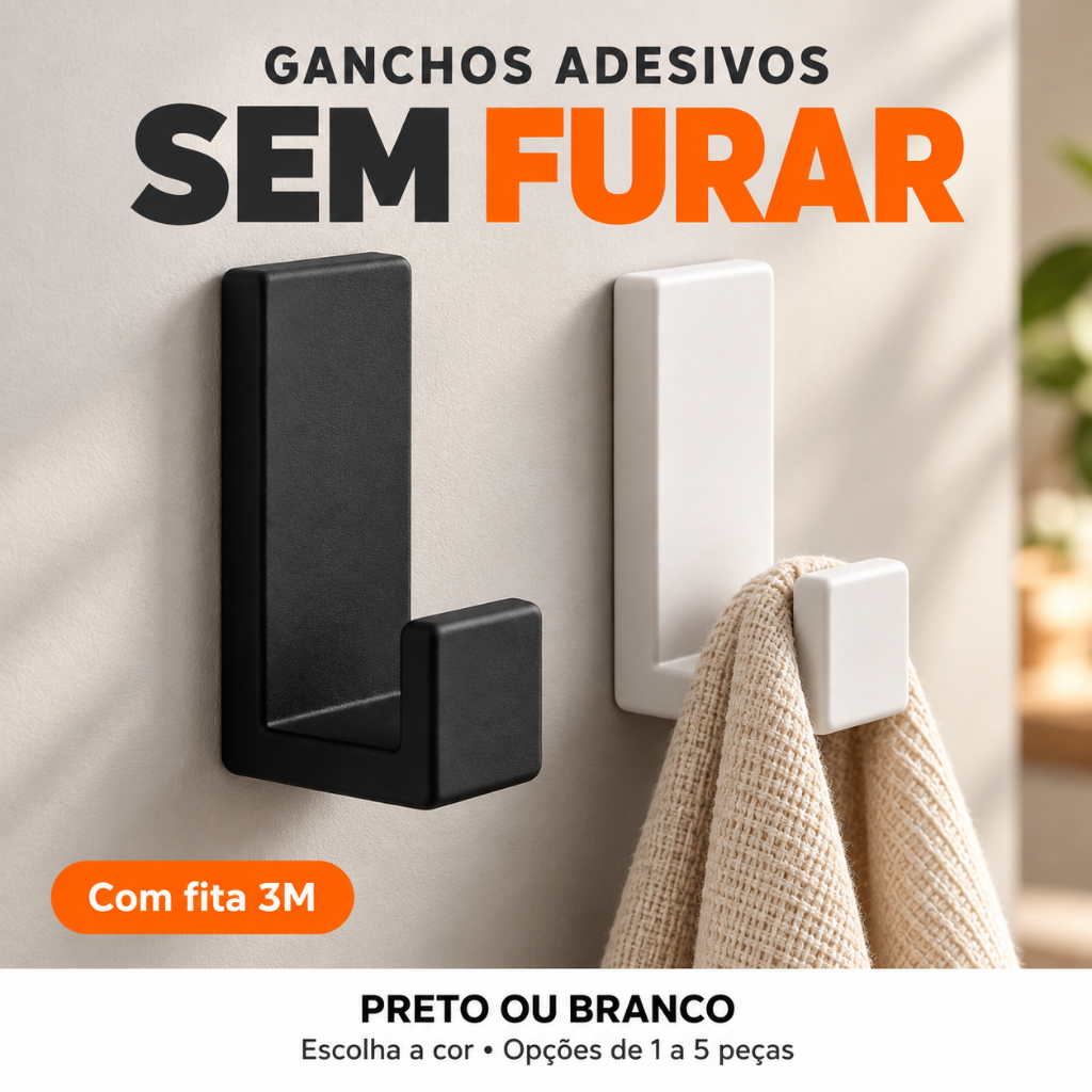 Gancho Adesivo de Parede ou Porta Cabide Pendurador com Fita Dupla Face 3M para Toalhas Banheiro Preto Branco