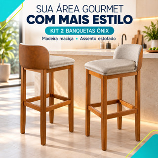 Kit 2 Banquetas Onix Alta Cozinha Balcão Bancada Gourmet Madeira Maciça Couro Linho Bar Churrasco
