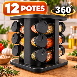 Porta Condimentos Giratório Temperos com 12 Potes de Vidro