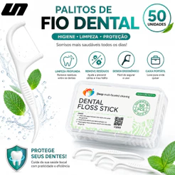 Fio Dental com Haste 2 em 1 Palito Dental 50 Unidades Limpeza Interdental