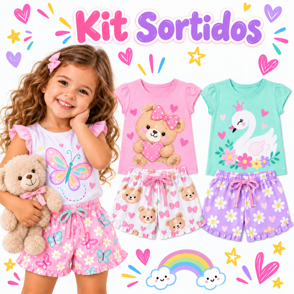 Kit Sortido 2 ou 4 Peças de Roupas Infantil Menina Verão Conjuntos de Verão Sortidos Feminino Infantil Pronta Entrega