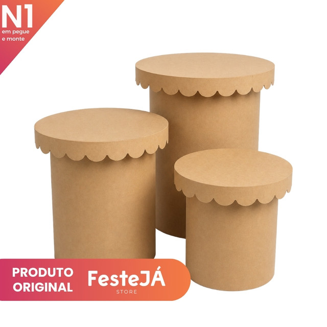Trio Tampo Babado MDF Kit 3 Peças Mesa Decorativa Encaixe Cilindro Liso Ripado Festa Luxo Premium