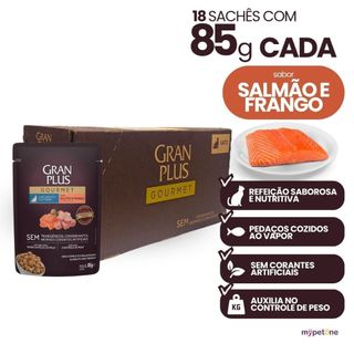 Ração Úmida Sachê GranPlus Gourmet Sabor Salmão E Frango Gatos Castrados Caixa 18 Un 85g