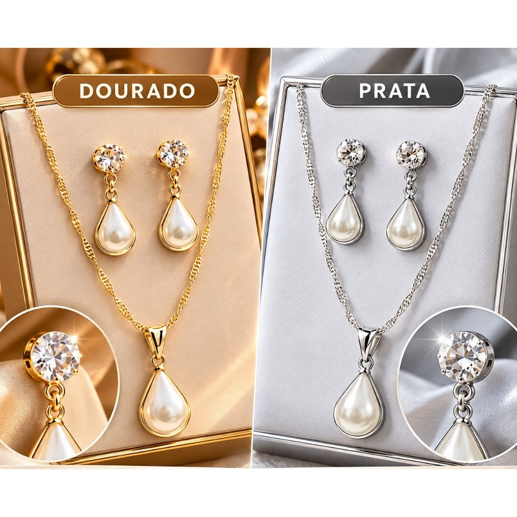 Conjunto de Colar e Brincos com Pérola Gota - Joias Femininas