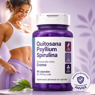 Psyllium + Cromo + Quitosana + Spirulina - Enriquecido com Cromo 60 cápsulas Termogênico Natural APROVADO ANVISA