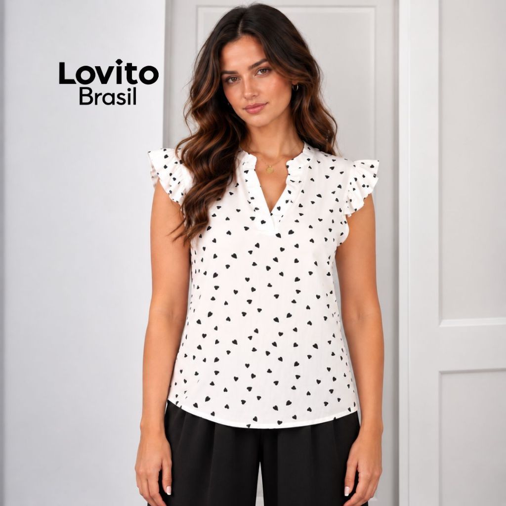 Lovito Blusa sem Manga com Detalhes Babados e Estampada de Coração BLB20D1496