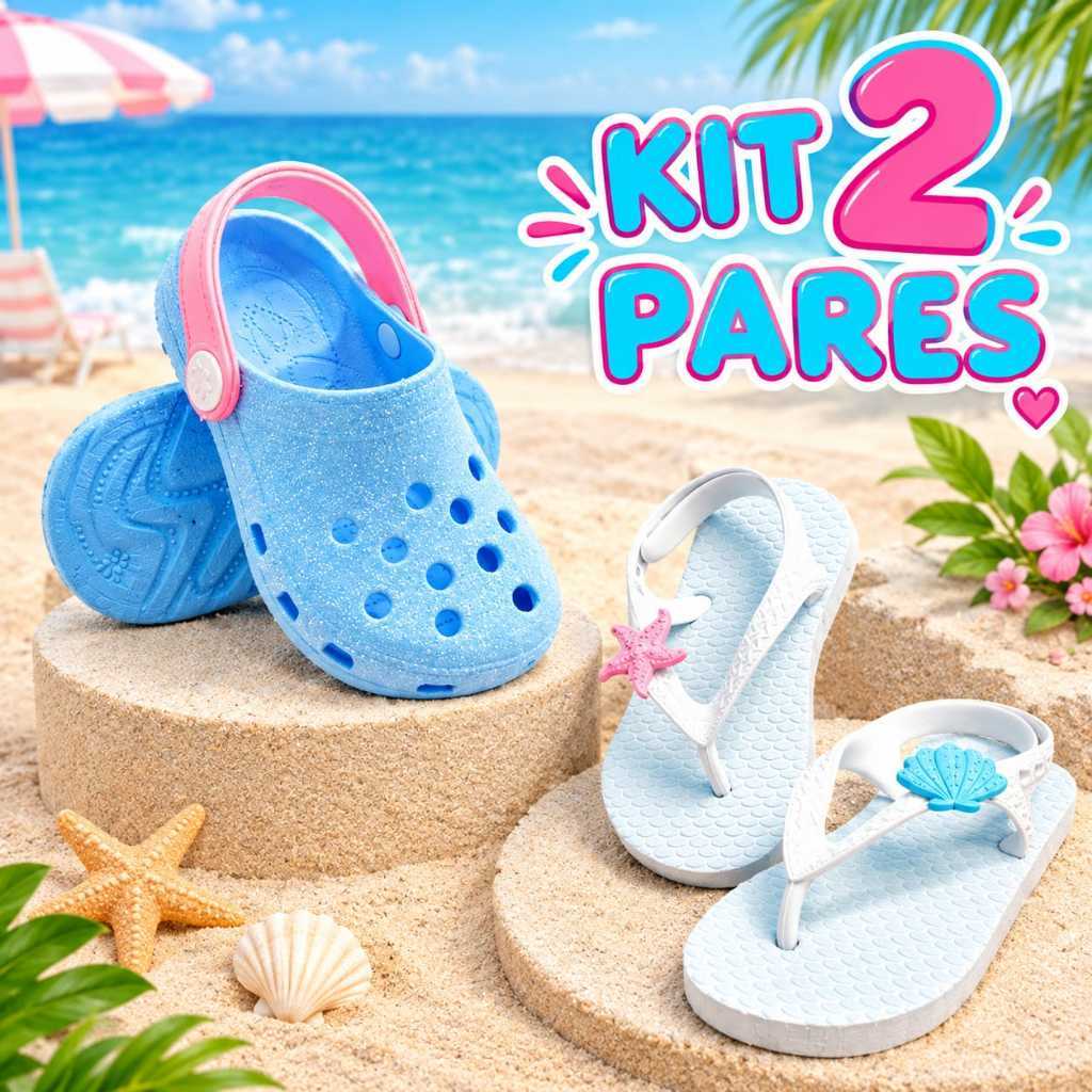 Kit Conjunto 2 Pares Menina Babuche Glitter e Chinelo Dedo Delicado Chinela Percata Conjunto Confortável Praia Piscina