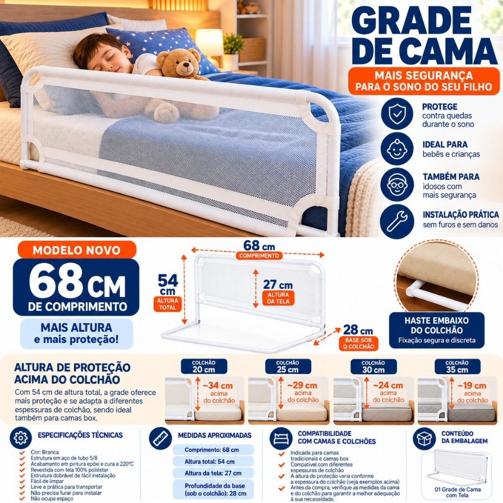 Grade de Cama Proteção 68x54cm Bebê Criança Idoso Cama Box e Normal — imagem 2 de 2