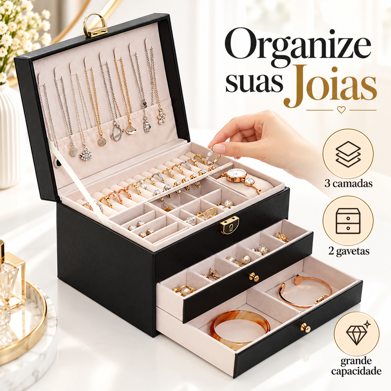 Porta Joias 3 Camadas com 2 Gavetas Grande Capacidade Organizador de Colares Anéis Brincos e Relógios Q19