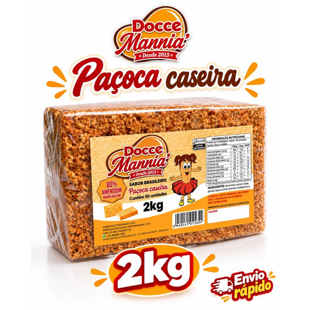 Paçoca Pouco Açúcar Pacote 2Kg com 50 und
