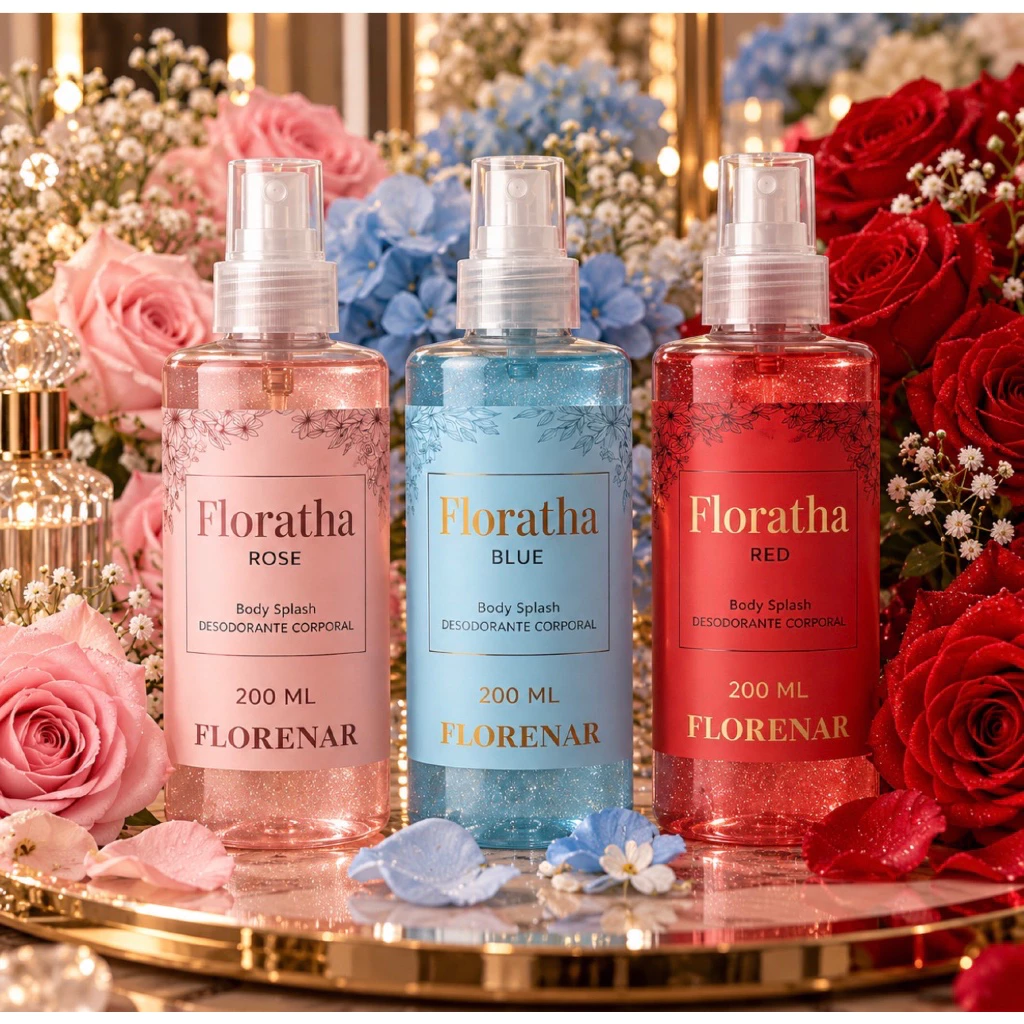 Kit Body Splash Perfume -Red  Rose e Blue - 200ml (cada) - 3 unidades Feminino com gliter