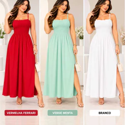 Vestido Feminino Longo de Alças e Lastéx Elegante Moda Evangélica Versatil Tendecia Verão