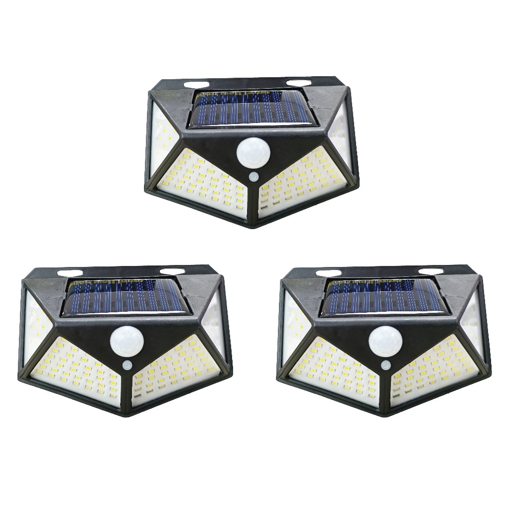 Kit 3 Luminária Solar Parede 100 Leds Sensor Presença Com 3 Funções Refletor Arandela Lâmpada