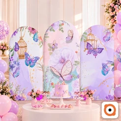 KIT PAINEL DE FESTA BORBOLETAS E JARDIM ENCANTADO - 2 OU 3 ROMANOS EM TECIDO SUBLIMADO