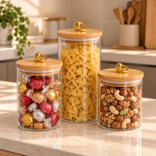 Kit Potes de Vidro Hermético com Tampa Bambu Porta Temperos e Mantimentos Cozinha Organizador