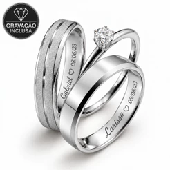 Par de Aliança de Namoro Casamento Prata Diamantada Brilhante e Chanfrada 4mm + Anel Solitário + Caixinha
