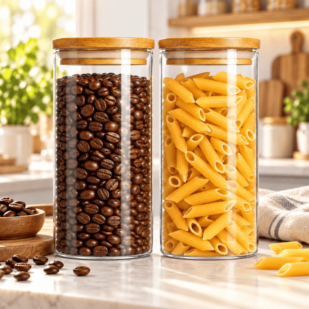 Kit Potes de Vidro 1000ml Tampa de Bambu Hermetico Premium Redondo Mantimentos Tempero Alimentos