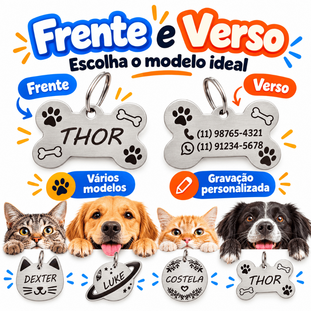 Plaquinha de Identificação Pet Personalizado Cachorro Gato