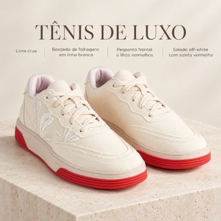 Tênis Feminino em Lona Crua com Bordado de Folhagens, Detalhes Vermelhos e Solado Off White