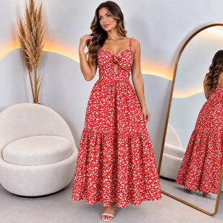 Vestido Feminino Longo Floral Crepe com Bojo Alça Regulável Abertura Elegante Pimenta Rosa