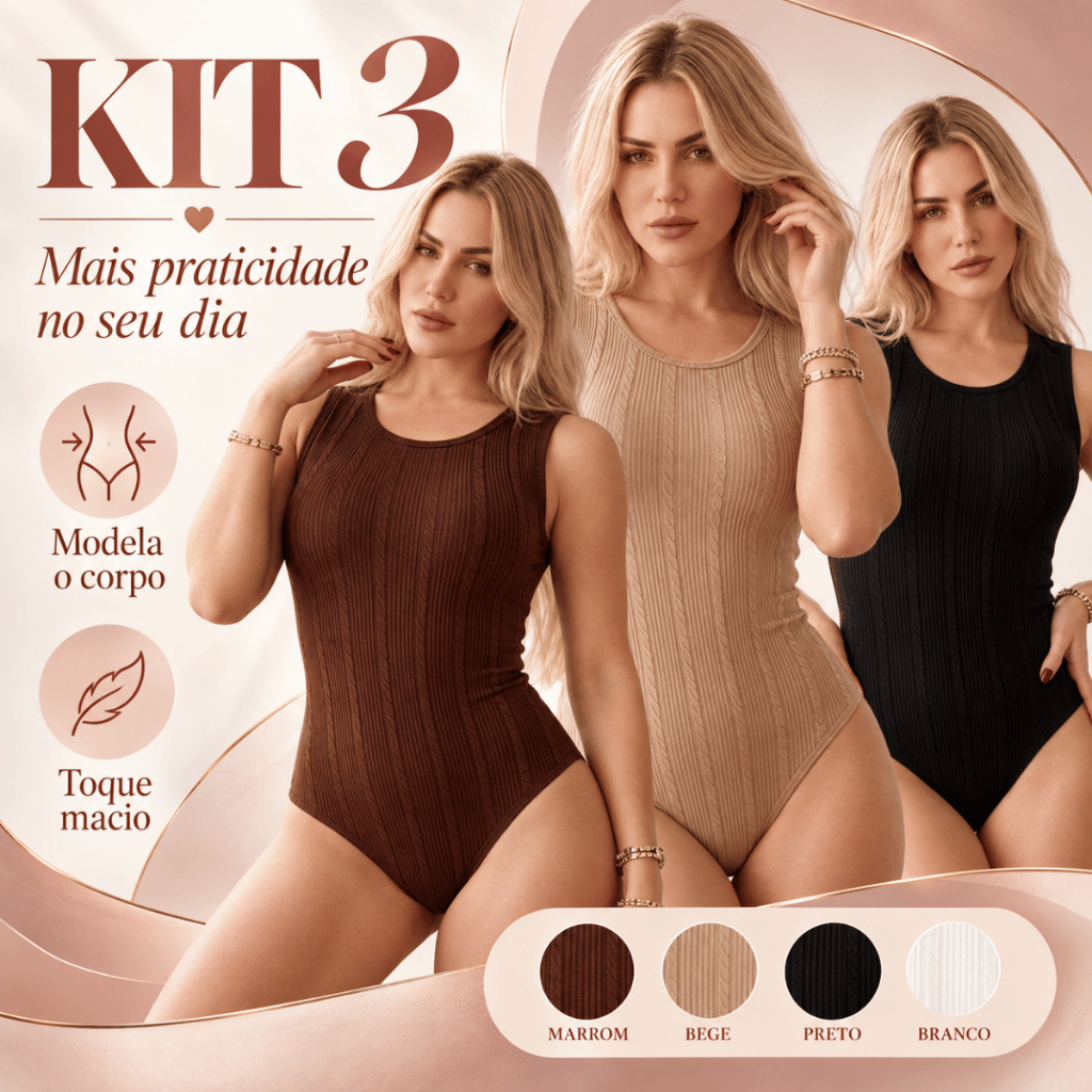 Kit 3 Bodies Feminina Rugan Canelado Sem Manga Básico Alça Média Confortável Versátil Casual para o Dia a Dia Diversas