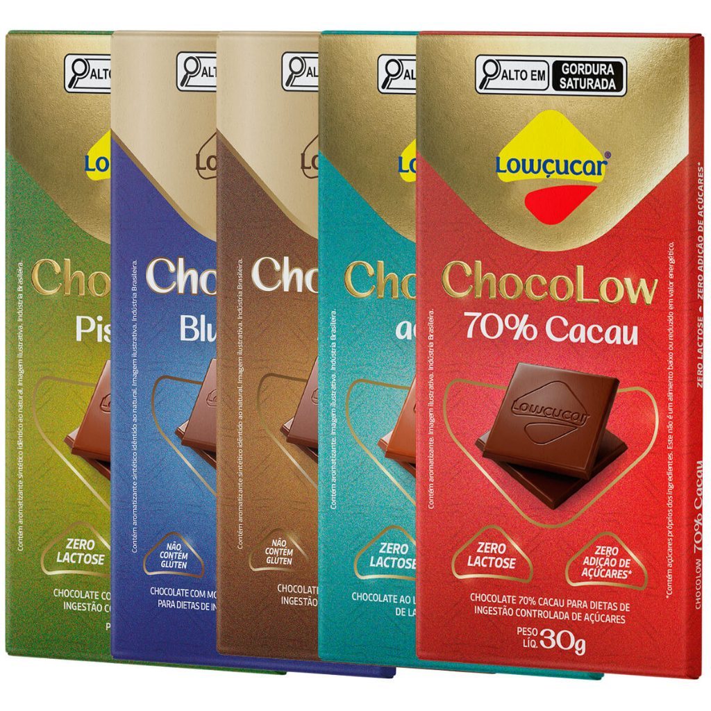 Kit com 5 Unidades de Chocolate Lowçucar Chocolow Sabores Variados Doces Zero Açúcares e Lactose 30g