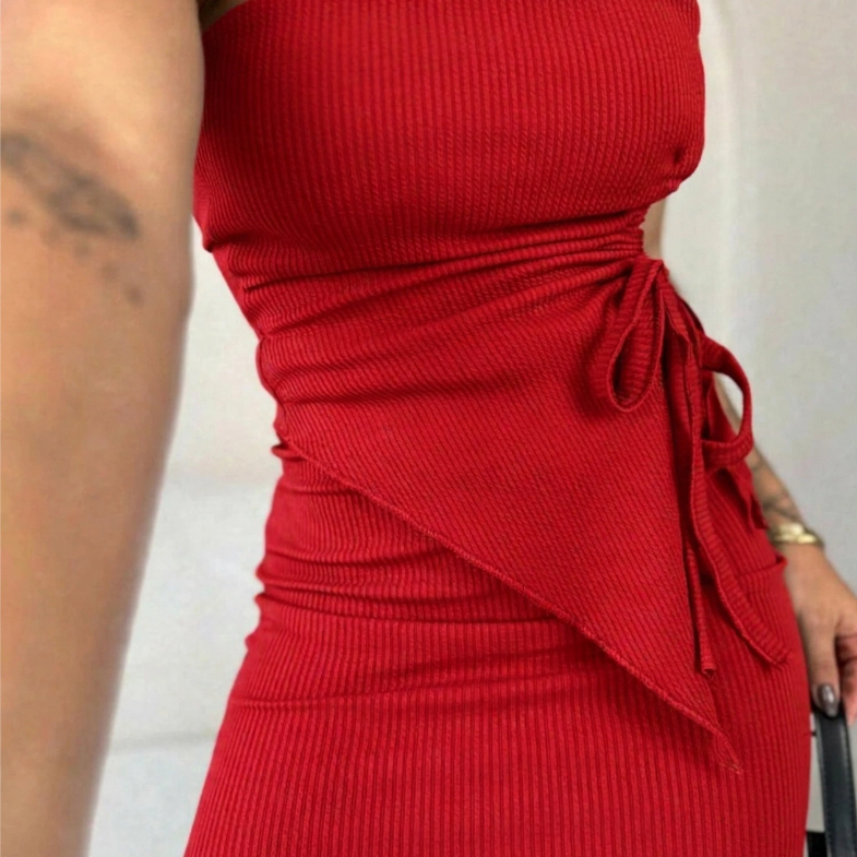 Conjunto Top Cropped tomara que caia franzido ajuste + saia Midi mini dapreada canelado Gringa
