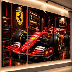 Quadro Fórmula 1 F1 Decorativo Ferrari McLaren Mercedes Red Bull Painel 3 Peças Carro de Corrida