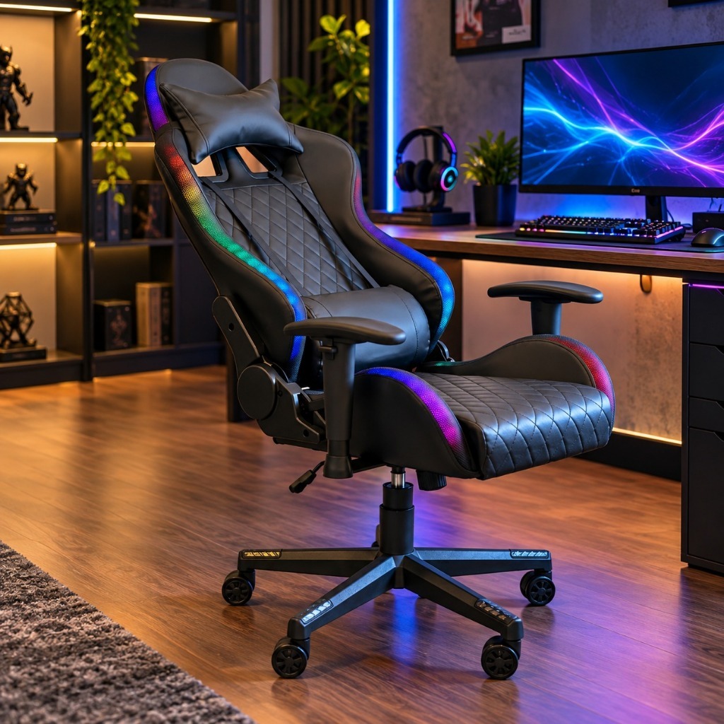 Cadeira Gamer Led Rgb Ergonômica Reclinável Apoio Lombar
