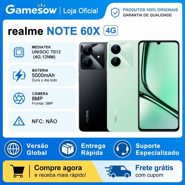 Realme Note 60X 4G Versão Global Processador Unisoc T612, Bateria 5000Mah 128GB+4GB RAM ou 64GB+3GB RAM