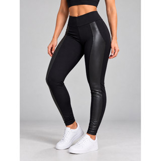 Calça Montaria Flanelada Feminina Legging Suplex Felpado Detalhe Cirre Couro Fake Moda Inverno