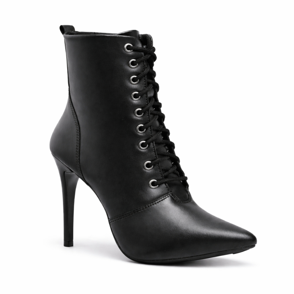 Bota Coturno Feminino Cano Médio Salto Alto Fino Bico Fino Elegante Cadarço Antiderrapante Moderna Confortável