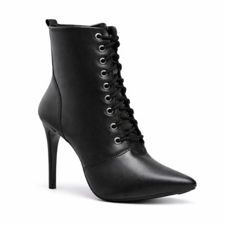 Bota Coturno Feminino Cano Médio Salto Alto Fino Bico Fino Elegante Cadarço Antiderrapante Moderna Confortável