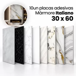 Kit 10 Placas Adesivas 3D Mármore Vinílico Relevo 30x60cm Autocolante Impermeável Lavável Decoração de Parede