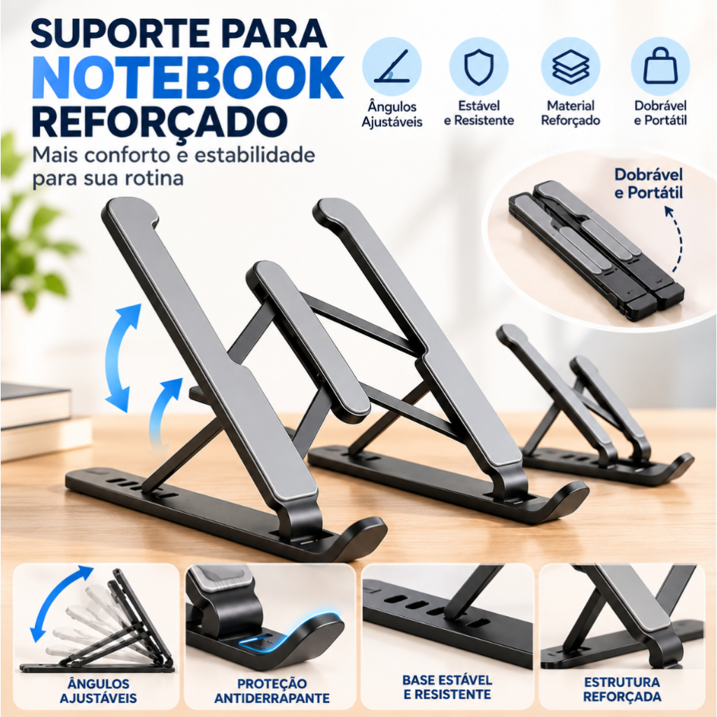Suporte para Notebook Dobrável Ajustável de Alumínio Reforçado Antiderrapante Portátil Mesa
