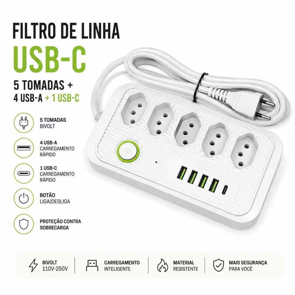 Extensão Elétrica 5 Tomadas 5 USB com USB-C Proteção Contra Sobrecarga Bivolt Premium