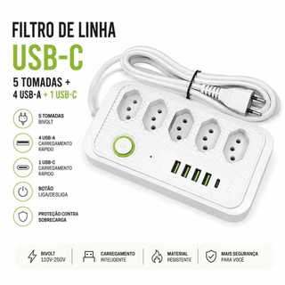 Extensão Elétrica 5 Tomadas 5 USB com USB-C Proteção Contra Sobrecarga Bivolt Premium