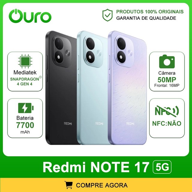 Xiaomi Redmi Note 17 5G, Bateria 7700 mAh, Versão Global, Snapdragon 4 Gen 4, 128/256GB + 6GB RAM