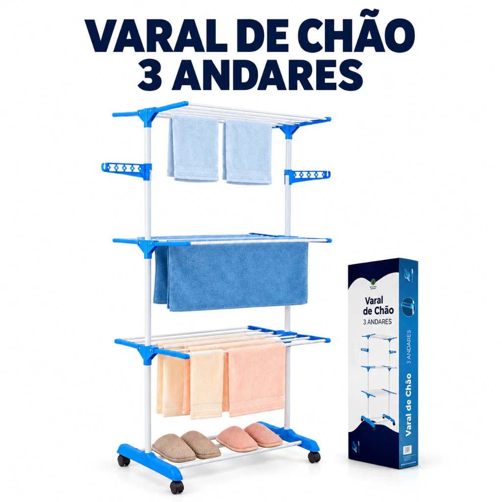 Varal De Chão E Planeta Tech Dobrável 3 Andares Com Rodinha Aba Lateral Retrátil Para Cabide — imagem 1