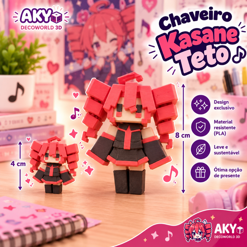 Chaveiro Kasane Teto 3D | Miniatura Vocaloid UTAU Anime | 4cm e 8cm | Presente Geek Kawaii