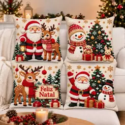 KIT 4 CAPAS DE ALMOFADAS DECORATIVAS NATAL PAPAI NOEL,BONECO DE NEVE,RENA LANÇAMENTO 2026-TAMANHO 45 X 45