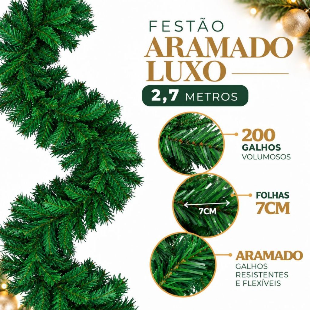 Festão Aramado Natal Grosso Luxo 2,7M C/ 200 Galhos Cheios Flexível Decoração Natalino